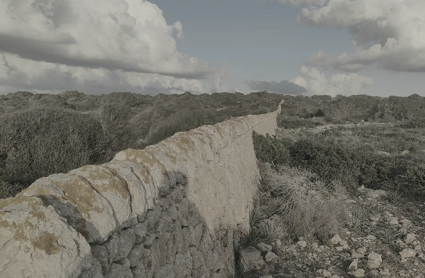 Trockenmauer aus Kalkstein am Cap Enderrocat bei Llucmajor, die als Grundstücksgrenze bis zum Horizont läuft